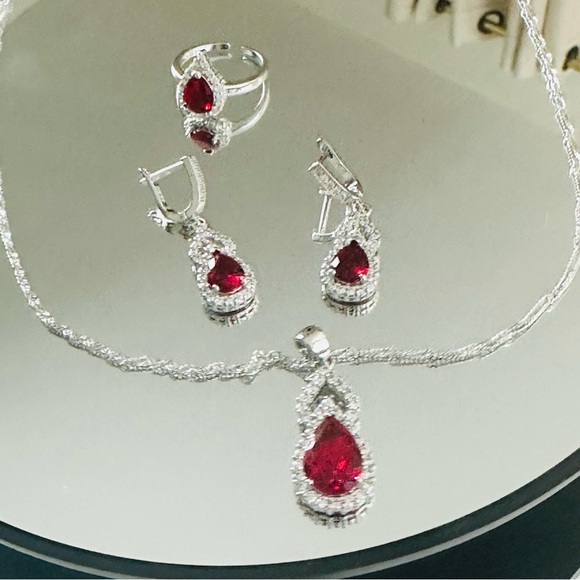 Sterling Silver 925 Set Red Teardrop Ring Earrings Necklace Zircons Solid - Picture 11 of 14